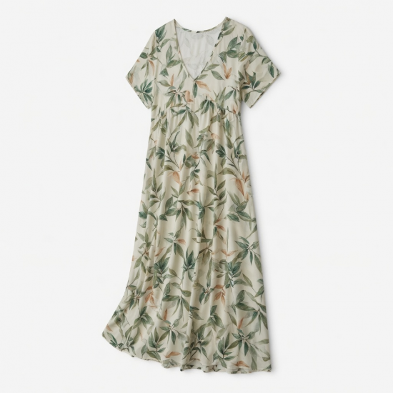 V-Neck Short Sleeve A-Line Leaf Print Women's Maxi Dress