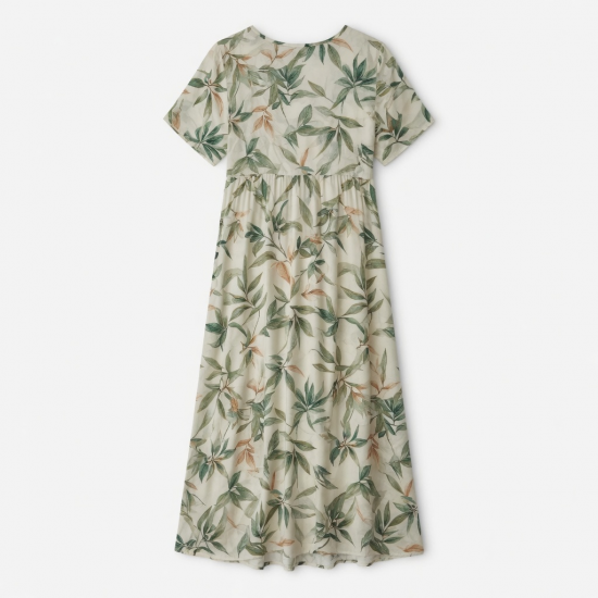 V-Neck Short Sleeve A-Line Leaf Print Women's Maxi Dress