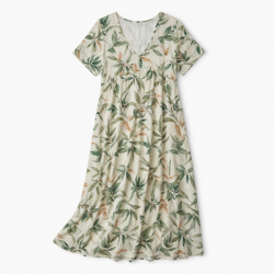 V-Neck Short Sleeve A-Line Leaf Print Women's Maxi Dress