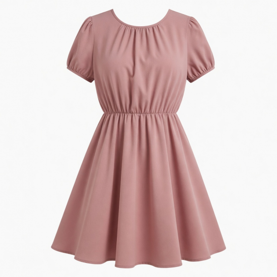 Round Neck Short Sleeve Fit Flare Blouson Women's Dress