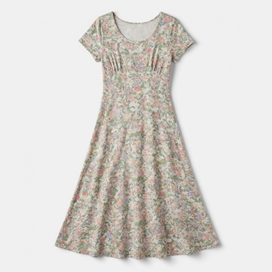 Scoop Neck Short Sleeve A-Line Floral Women's Maxi Dress