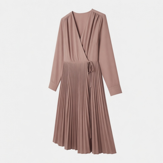 V-Neck Long Sleeve Wrap Pleated Women's Dress