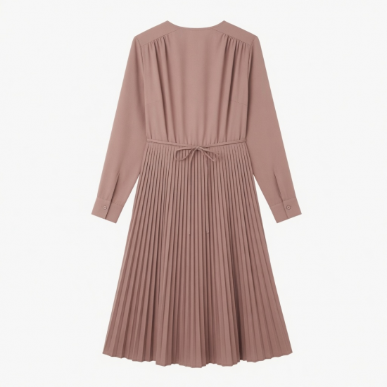 V-Neck Long Sleeve Wrap Pleated Women's Dress