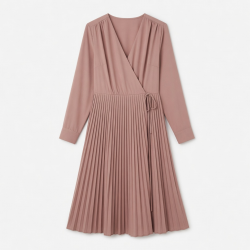 V-Neck Long Sleeve Wrap Pleated Women's Dress