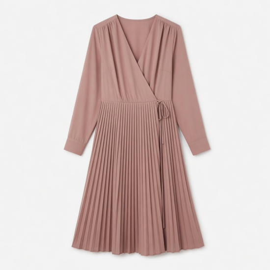 V-Neck Long Sleeve Wrap Pleated Women's Dress