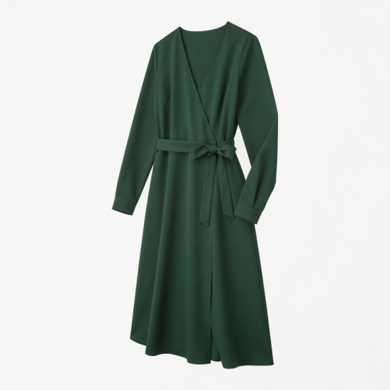 V-Neck Long Sleeve Wrap Polyester Women's Dress