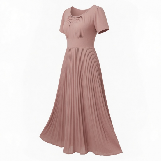 Scoop Neck Short Sleeve Pleated Women's Maxi Dress