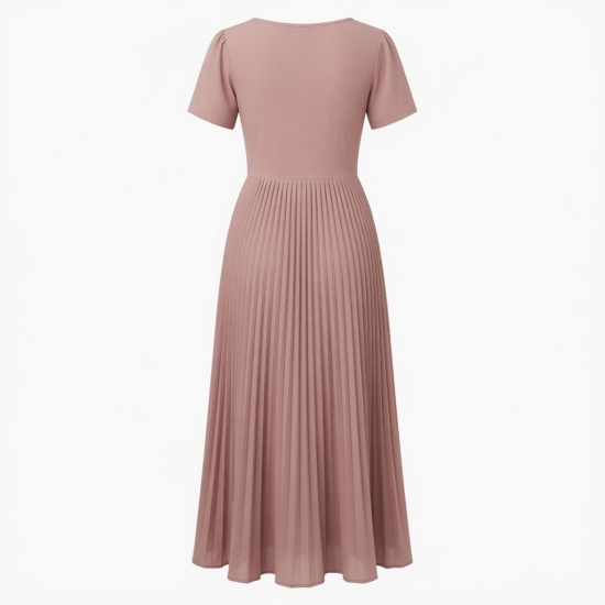Scoop Neck Short Sleeve Pleated Women's Maxi Dress