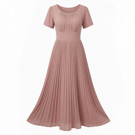 Scoop Neck Short Sleeve Pleated Women's Maxi Dress