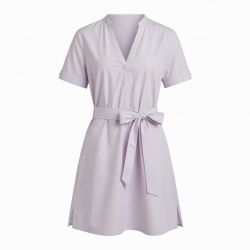 V-Neck Short Sleeve Belted Cotton Women's Shirt Dress