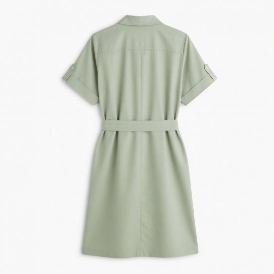 Collared Short Sleeve Relaxed Fit Belted Women's Shirt Dress