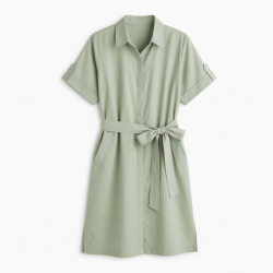 Collared Short Sleeve Relaxed Fit Belted Women's Shirt Dress