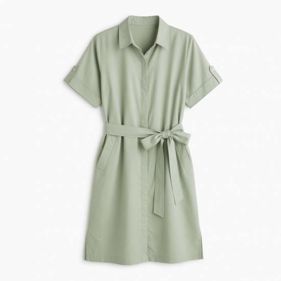 Collared Short Sleeve Relaxed Fit Belted Women's Shirt Dress