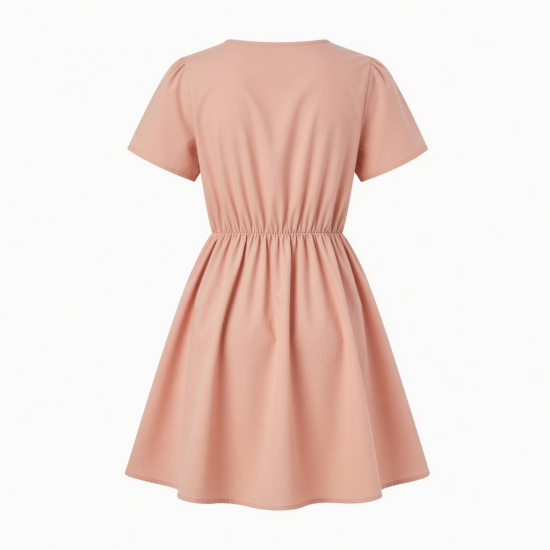 Round Neck Short Sleeve Gathered Women's Dress