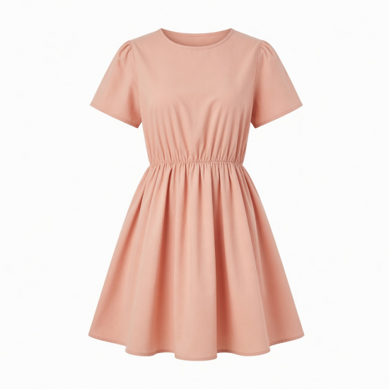 Round Neck Short Sleeve Gathered Women's Dress