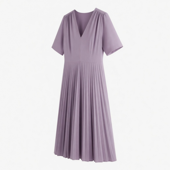 V-Neck Short Sleeve Pleated Sheath Women's Midi Dress