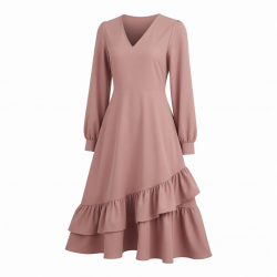 V-Neck Long Sleeve A-Line Ruffled Women's Midi Dress