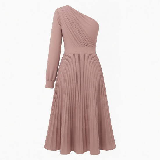 One-Shoulder Long Sleeve Pleated A-Line Women's Midi Dress