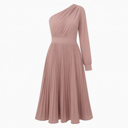 One-Shoulder Long Sleeve Pleated A-Line Women's Midi Dress