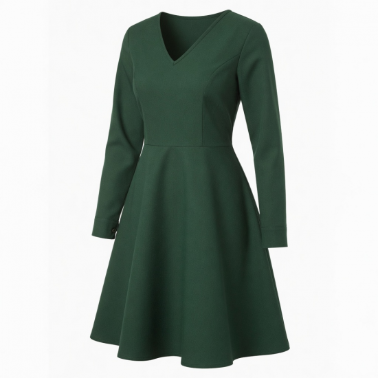 V-Neck Long Sleeve A-Line Fitted Women's Dress