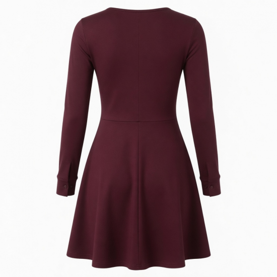 V-Neck Long Sleeve A-Line Fitted Women's Mini Dress