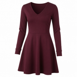 V-Neck Long Sleeve A-Line Fitted Women's Mini Dress