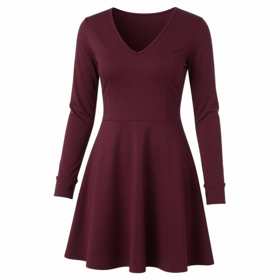 V-Neck Long Sleeve A-Line Fitted Women's Mini Dress