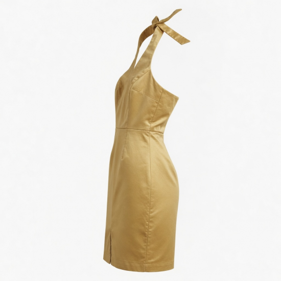 Gold Halter Sleeveless Fitted Polyester Women's Dress