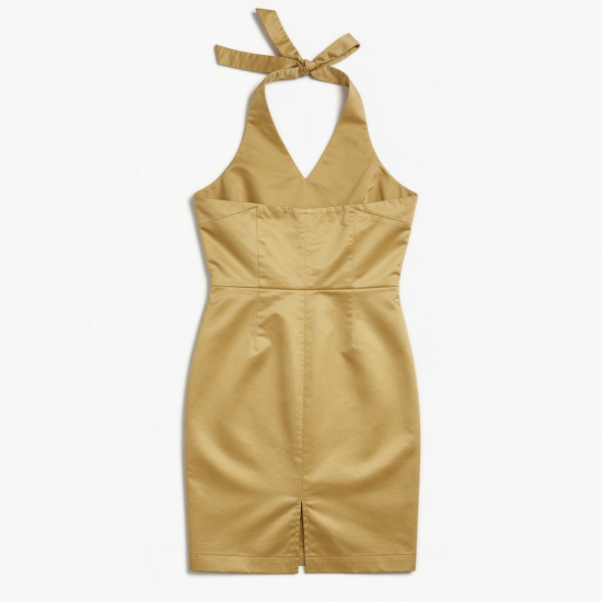 Gold Halter Sleeveless Fitted Polyester Women's Dress