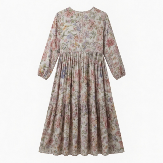 Round Neck Long Sleeve Loose Fit Floral Women's Maxi Dress