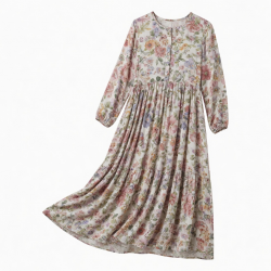 Round Neck Long Sleeve Loose Fit Floral Women's Maxi Dress