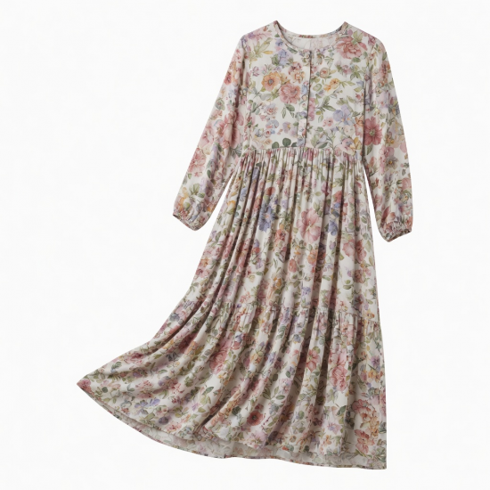Round Neck Long Sleeve Loose Fit Floral Women's Maxi Dress