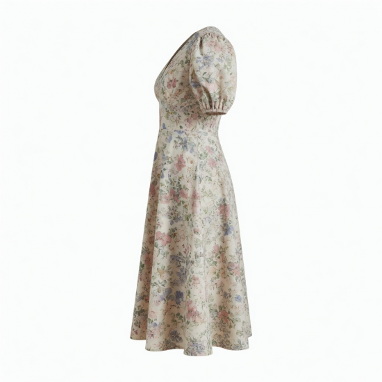 V-Neck Puff Sleeve Fit Flare Floral Women's Midi Dress