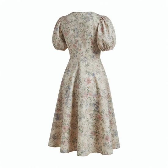 V-Neck Puff Sleeve Fit Flare Floral Women's Midi Dress