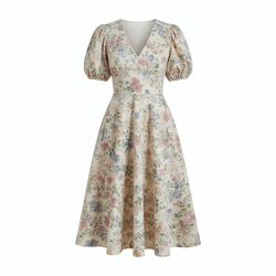 V-Neck Puff Sleeve Fit Flare Floral Women's Midi Dress