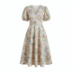 V-Neck Puff Sleeve Fit Flare Floral Women's Midi Dress