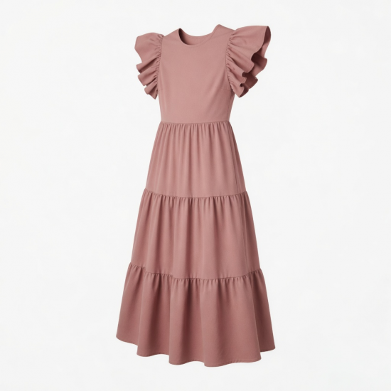 Crewneck Flutter Sleeve Tiered A-Line Women's Maxi Dress