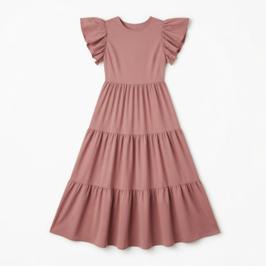 Crewneck Flutter Sleeve Tiered A-Line Women's Maxi Dress