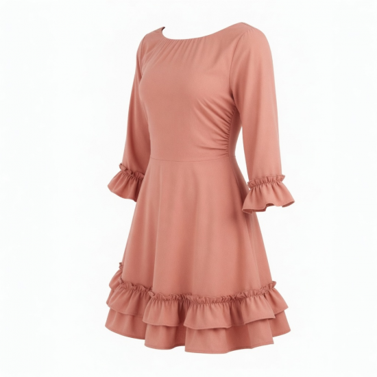Boat Neck Three-Quarter Sleeve Fit Flare Ruffled Women's Mini Dress
