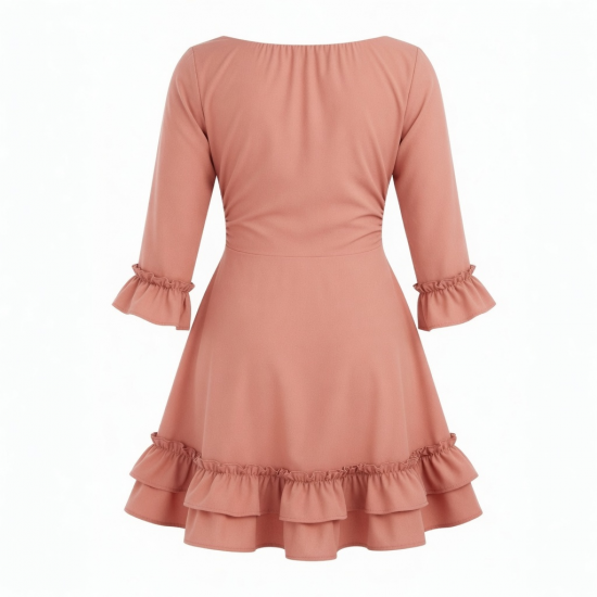 Boat Neck Three-Quarter Sleeve Fit Flare Ruffled Women's Mini Dress