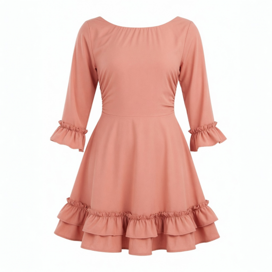 Boat Neck Three-Quarter Sleeve Fit Flare Ruffled Women's Mini Dress