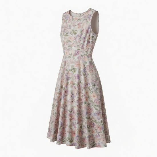 Round Neck Sleeveless A-Line Floral Women's Midi Dress