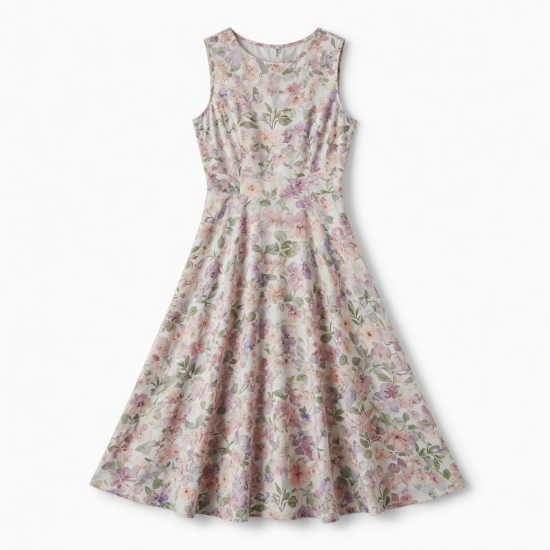 Round Neck Sleeveless A-Line Floral Women's Midi Dress
