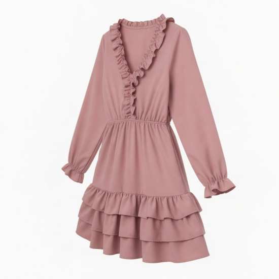 V-Neck Long Sleeve Ruffled Women's Dress