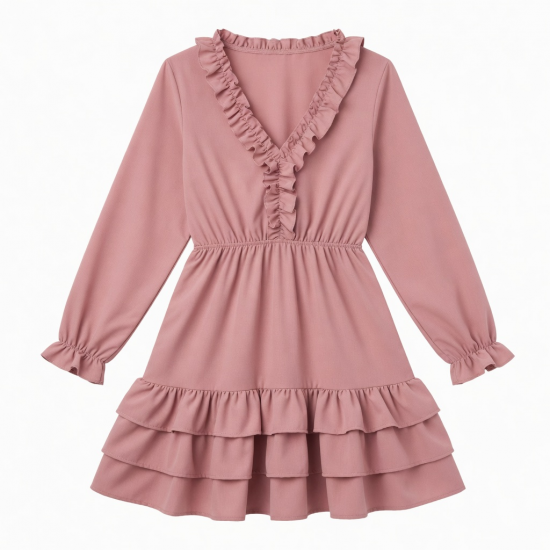V-Neck Long Sleeve Ruffled Women's Dress