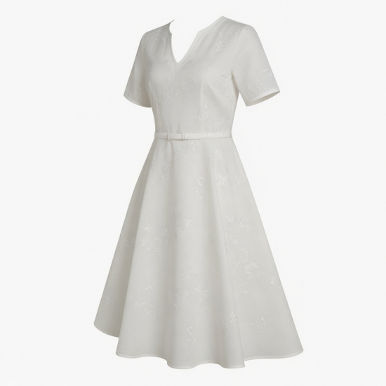 V-Neck Cap Sleeve A-Line Embroidered Women's Dress