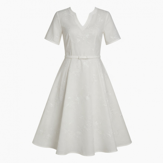 V-Neck Cap Sleeve A-Line Embroidered Women's Dress