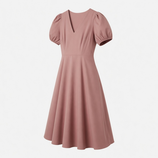 V-Neck Puff Sleeve A-Line Women's Midi Dress