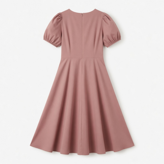 V-Neck Puff Sleeve A-Line Women's Midi Dress