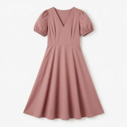 V-Neck Puff Sleeve A-Line Women's Midi Dress
